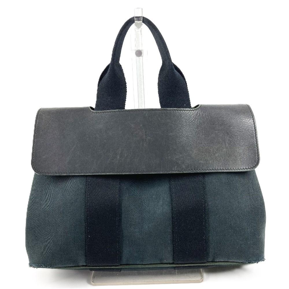 HERMES Valparaiso PM Tote Bag Flap Bag Hand Bag cotton / Leather Black