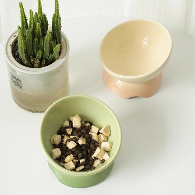 Creative Ceramic Tall Footed Bowls, Anti Overturning Neck Protection, Slanted Mouth, Gradient Color Cat Bowl, Pet Supplies , 1Pc