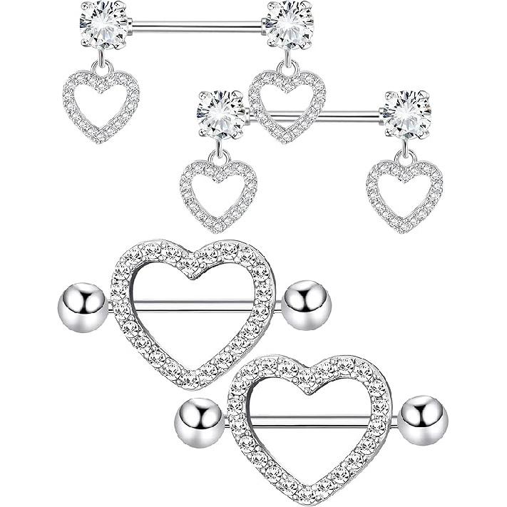 Staligue 2 Pairs Titanium Nipple Rings for Women 14G Nipple Piercing Heart CZ Barbell Body Nipple Piercing Jewelry