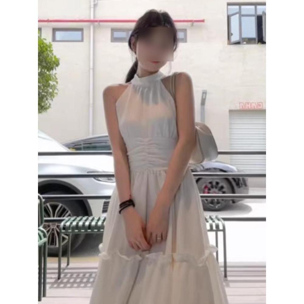 Sleeveless neck sling dress children's summer new seaside vacation style waist thin French temperament long dress
