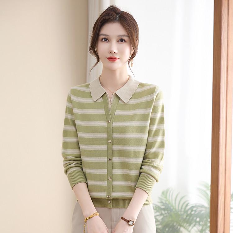 Autumn 2025 Wool Knitwear: Elegant Striped Lapel for Middle-Aged Women