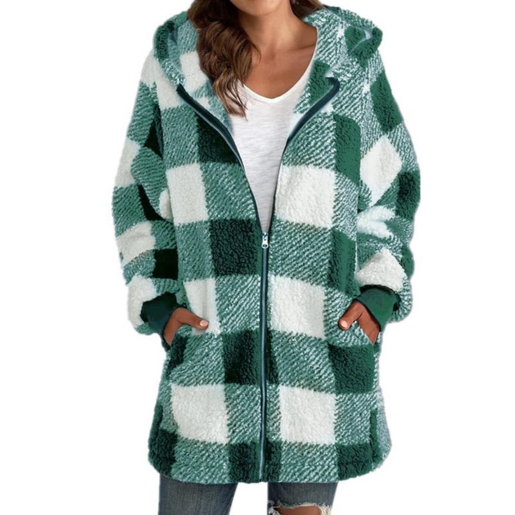 Women's Clothing, Outerwear, Long Sleeved, Checkered, Hooded, Zippered, with Pockets, Loose Jacket