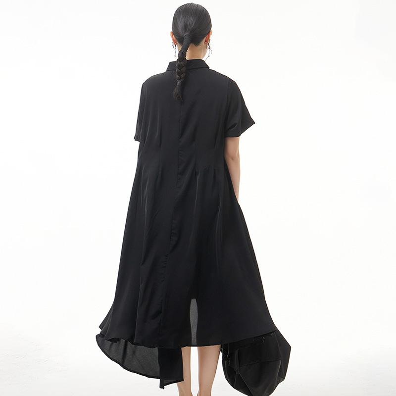 Summer new large-size women's clothing pleated niche design loose and thin Yamamoto dark dress cool