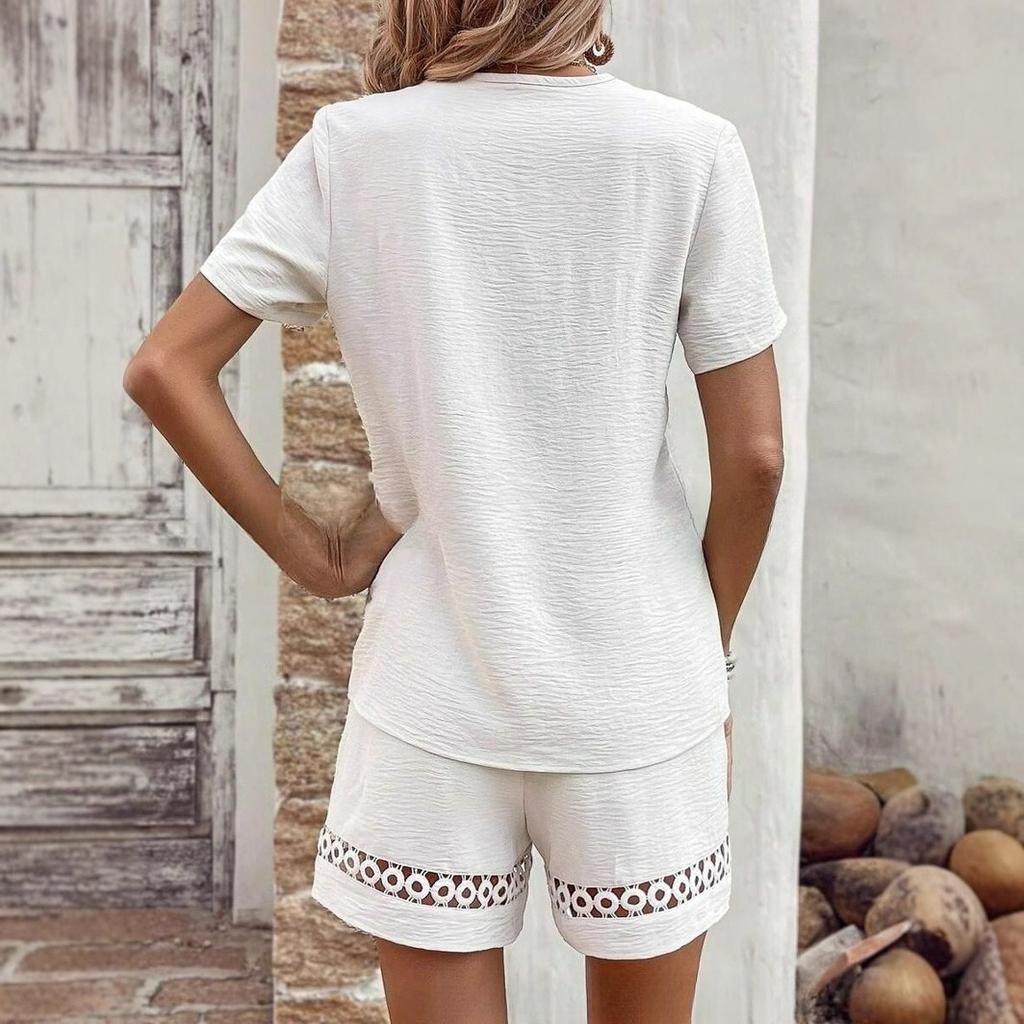 V-neck Stitching Short-sleeved Solid Color Shorts Suit Women