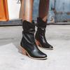 Fashion 2025 Motorcycle Western Cowgirl Boots Faux Leather Cowboy Ankle botas Women Wedge High Heel Boots chunky botas mujer size 34-43