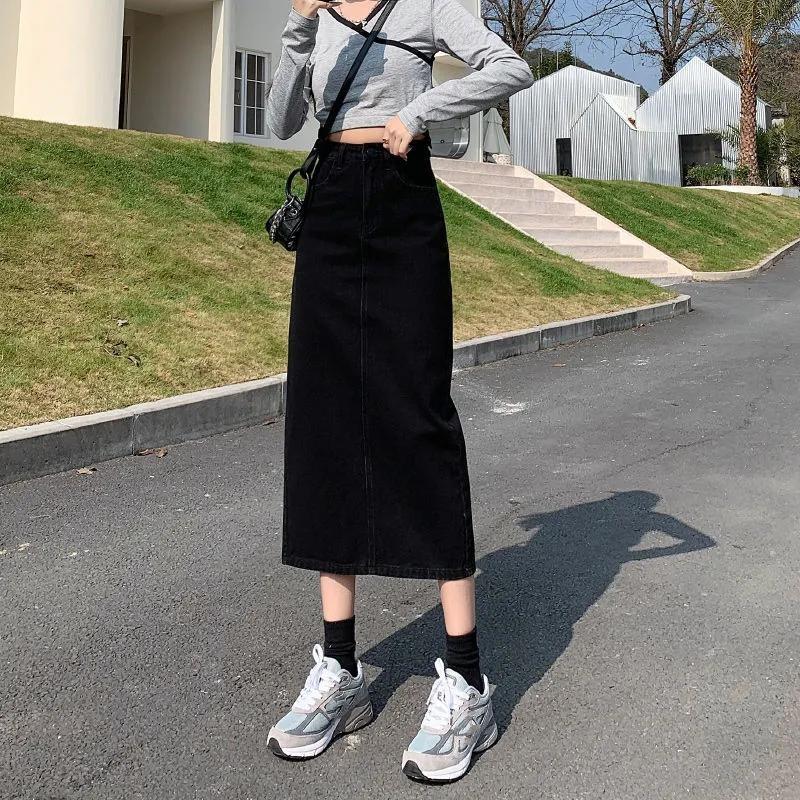 Fustă de blugi de vară pentru femei cu crăpătură laterală, cu talie înaltă, croială A-line, lungime medie, rochie lungă