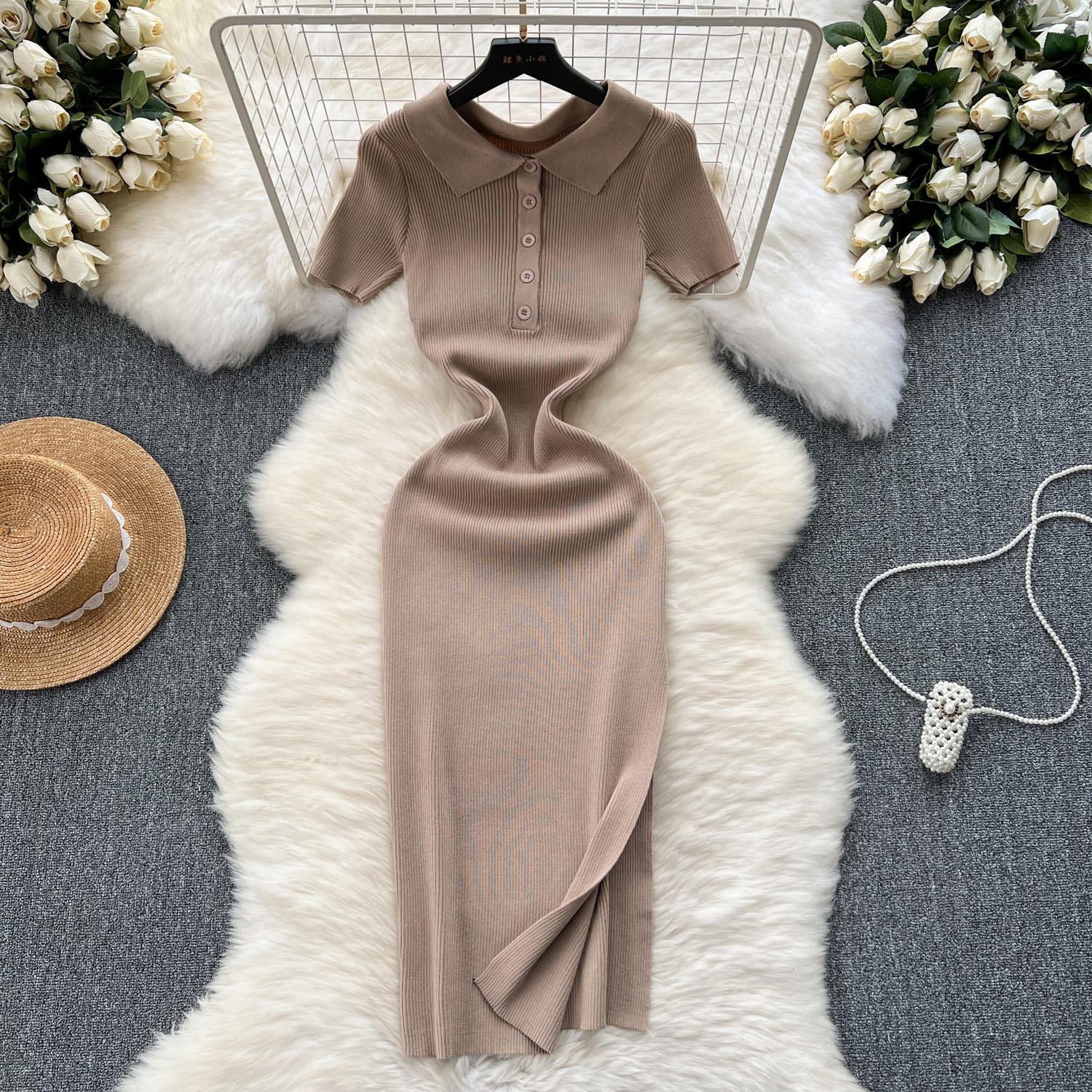 

Трикотажные длинные платья, однотонное весенне-летнее платье с пуговицами, корейская мода, сексуальное платье Vestidos Mujer, элегантное женское платье с высокой талией One Size хаки