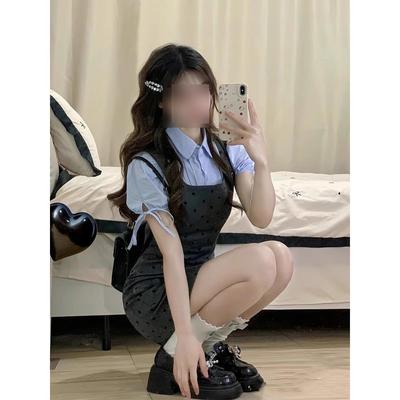 Preppy Style Sweet and Hot Girl Summer Gray Polka Dot Camisole Short Skirt Blue Puff Sleeve Shirt Fake Two Pieces