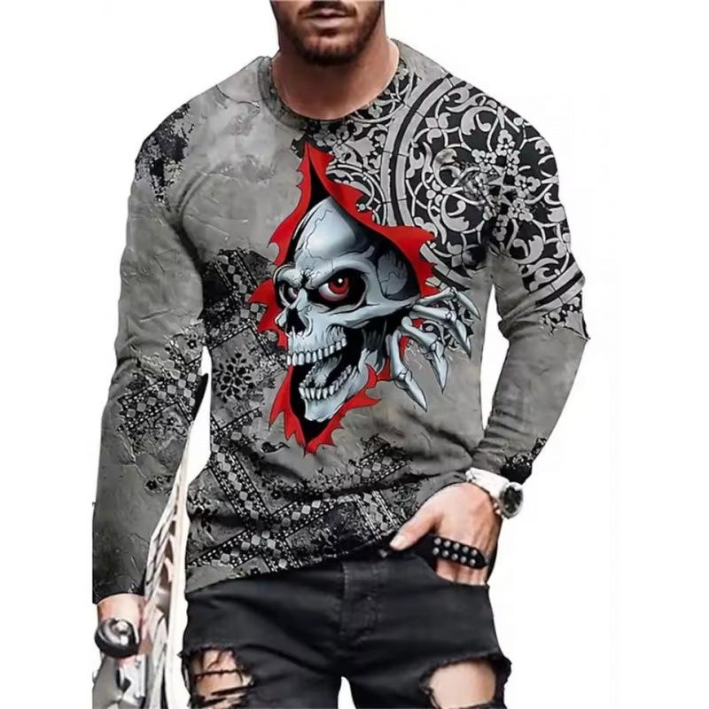 Autumn Round Neck 3D Skull Pattern Printed Top Fashionable Casual Long Sleeved Men's T-shirts