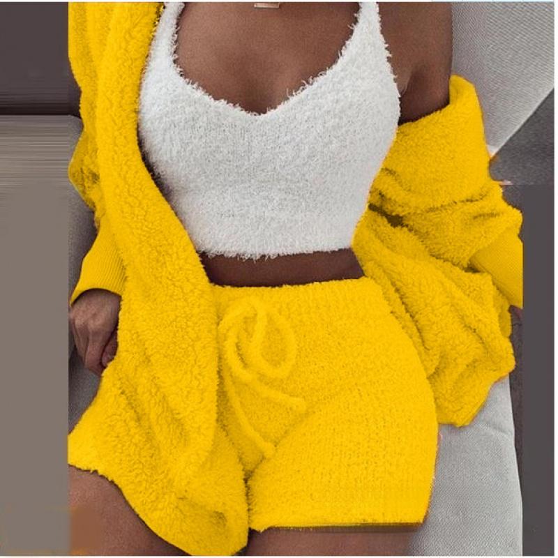 Damen Winter Plüsch Hauskleidung Lässiger 2-teiliger Pyjama Langarm Shorts Sportanzug für Damen