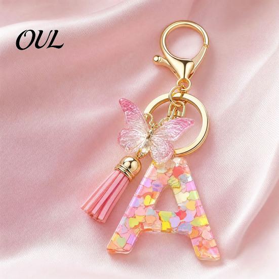 Kompaktes Schlüsselanhänger-Anhänger in Rosa-Serie, Pailletten Herz Initialen-Buchstaben-Anhänger Schlüsselkette mit tragbarem Schmetterlings-Quasten-Design, A-Z Halter für Tasche