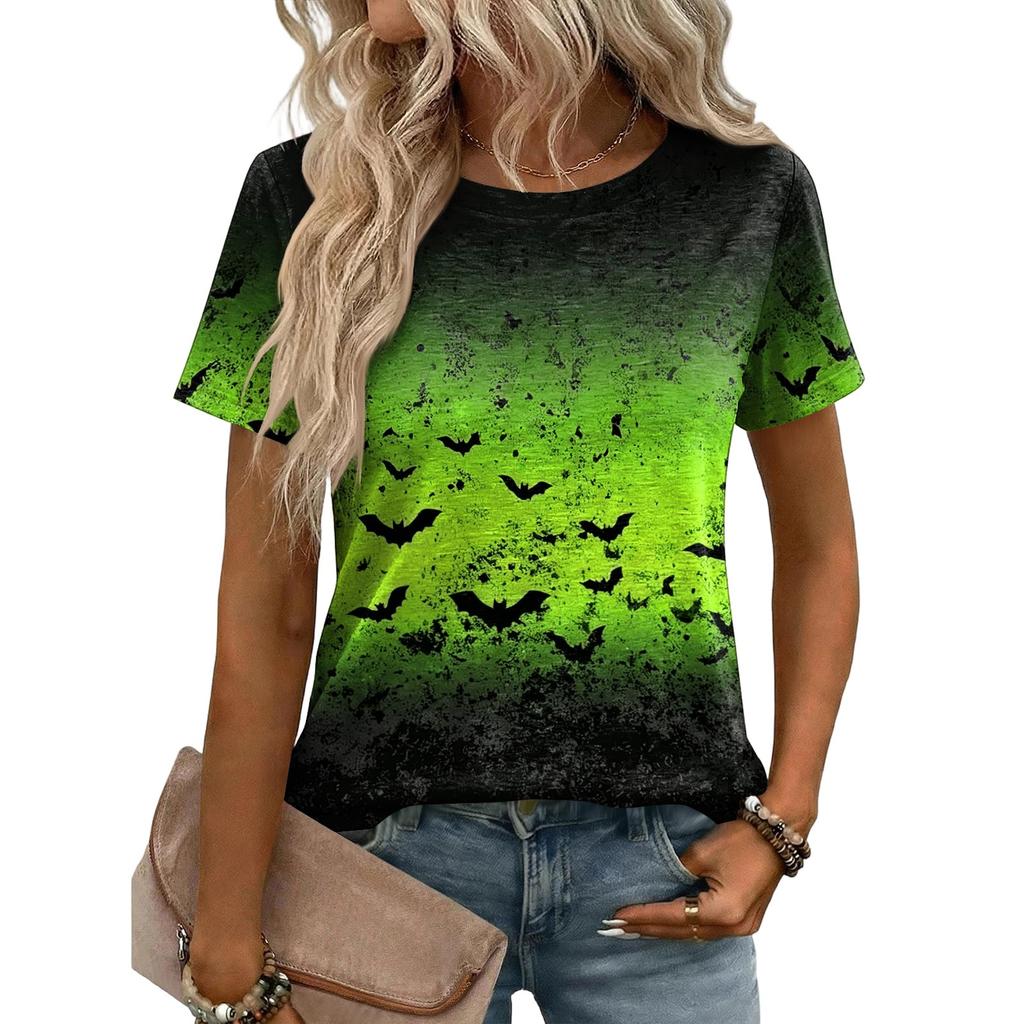 Women Casual Loose Fit Short Sleeve T Shirt Halloween Pumpkin Pattern Print Crew Neck Top Lightweight Soft Fabric