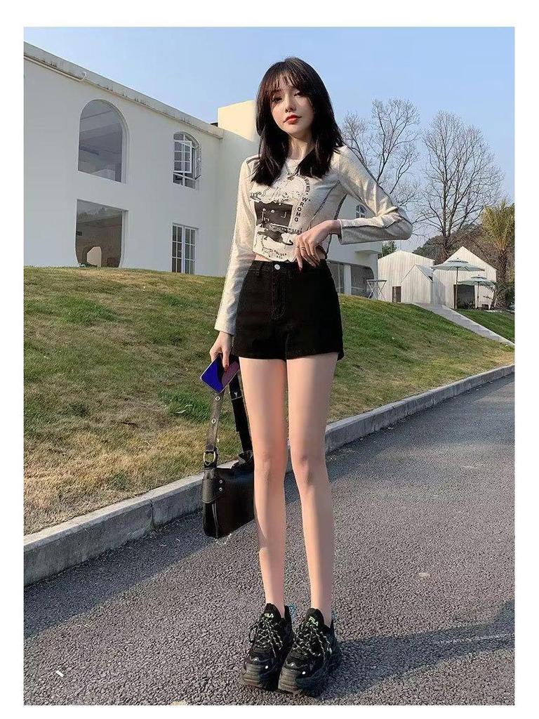 Women's High Waist Black Denim Shorts - Korean Style Trendy Slimming Hot Pants