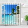 Tropical Landscape Shower Curtain 3D Open Window Ocean Beach Starfish Shell Palm Tree Scenery Waterproof Bathroom Decor Curtains