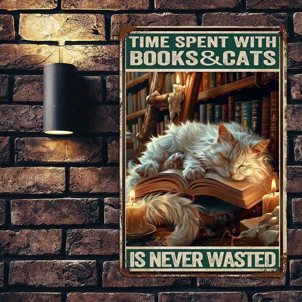 Cocofun Vintage Metal Wall Art Sign for Book & Cat Lovers, Heavy-Duty Inspirational Quote Poster