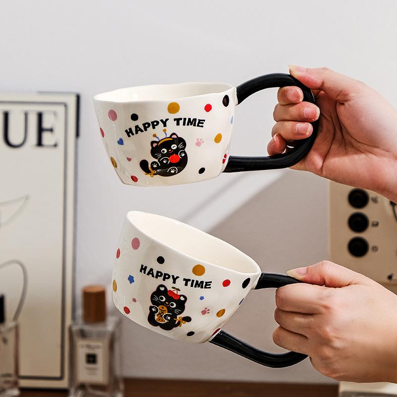 Ceramic Mug Creative Cartoon Water Cup Cute Mug Polka Dot Ceramic Mouthwash Cup Couple Cup Big Handle