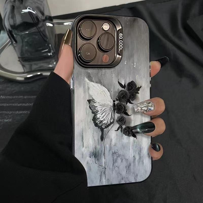 Black and White Butterfly Rose for iPhone16plus Mobile Phone Case 12promax Apple 15 Anti-drop 14 Matte 13