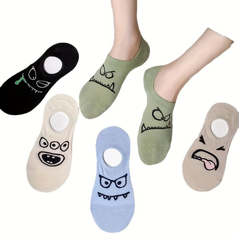 5 Perechi Șosete Ankle Amuzant pentru Femei, Șosete Noi cu Expresii de Desene Animate Jucăușe, Șosete Casual Respirabile Lavabile la Mașină