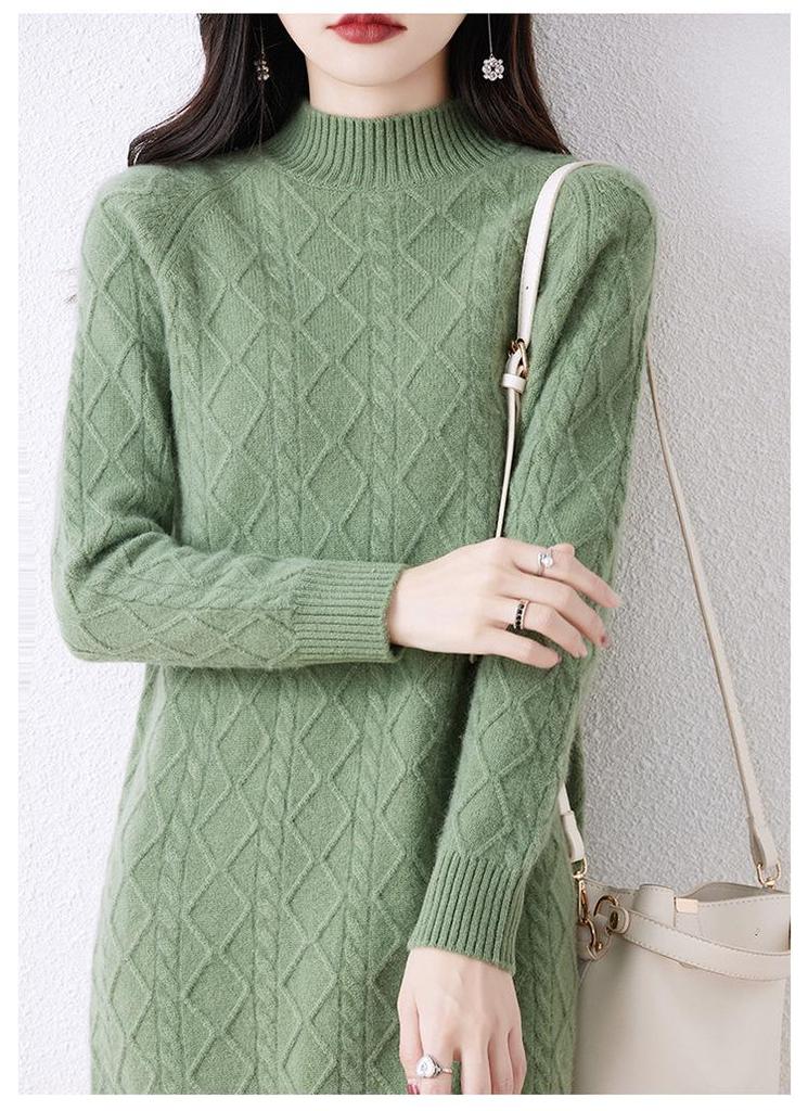 Women's Mid-Length Thickened Pure Wool Knitted Dress with Half-High Collar and Long Sleeves