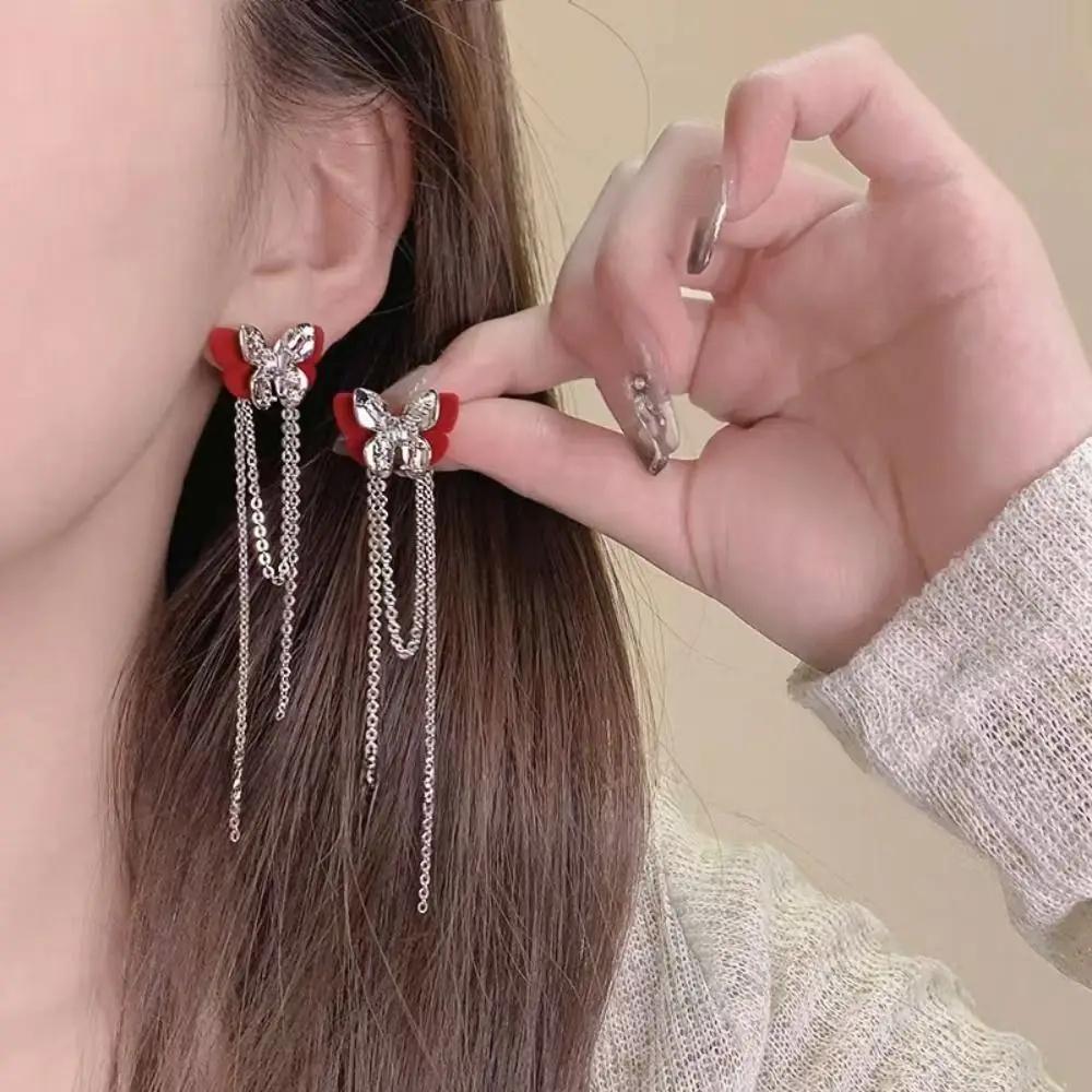 Elegant Shiny Rhinestone Dangle Earrings Tassel Pearl Korean Style Earrings Bow Red Rose Bow Stud Earrings Wedding Accessories
