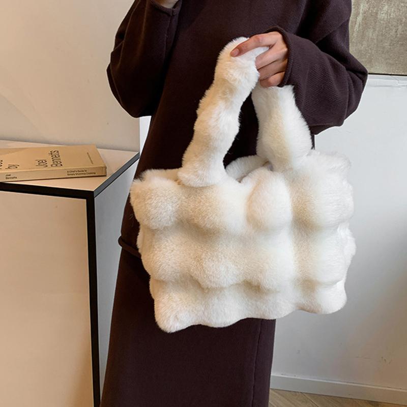 Dames Pluizige Schoudertassen Winter Top-Handvat Handtas Pluche Tote Bag Effen Kleur Commuter Veelzijdige Handtas CLE