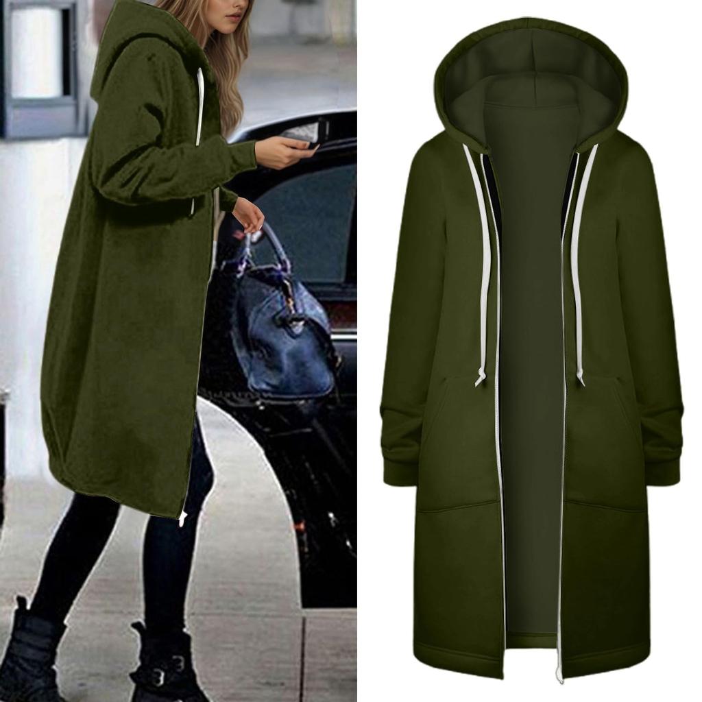 Women's Fashionable Solid Color Long Sleeved Pocket Long Hoodies Zipper Casual Coat Fall Jackets Sweatshirts Clothes