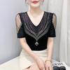 Summer V Neck Mesh Korean Fashion Patchwork Diamond Shirt Short Sleeve Women T Shirt