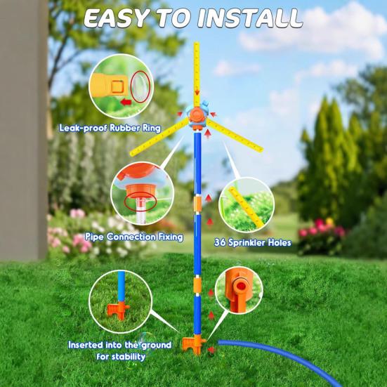 55" Windmill Water Sprinkler for Kids 360 Degree Spinning Splash Water Toy with 3 Blades Outdoor Backyard Summer Game for Boys Girls Dogs Garden