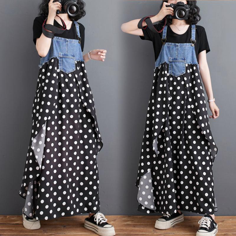 2025 Summer Clothing New Ruffle Edge Loose Printing Denim Design Sense Strap Medium and Long Dress Literary and Fresh