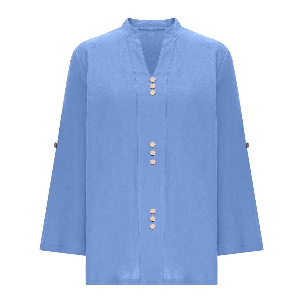 Women's Casual Fashion Solid Color Button V-Neck Long Sleeved Shirt Top Long Sleeved Shirt Top