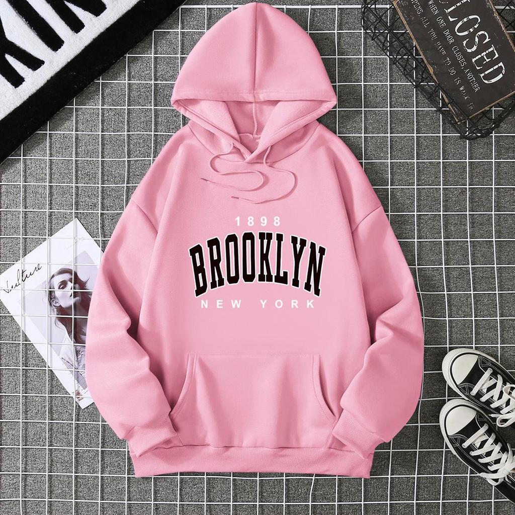 Brooklyn Print Fleece Hoodie: Autumn/Winter Loose Fit for Women & Couples