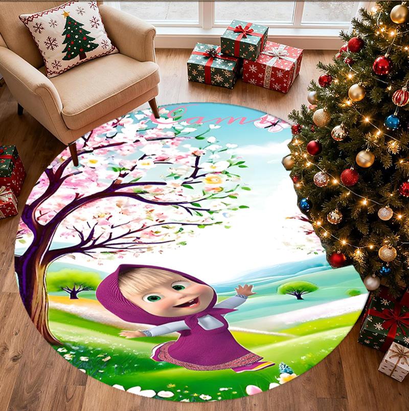 Masha and The Bear Pattern Round Rug, Indoor/Outdoor Mat, for Picnic, Gameroom, Bedroom, Office, Living Room, Home Decor Carpet, Birthday Gift