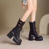 Women's Mid-calf Boots High Quality Leather Casual Boots Height Increase Platform Boots Lace Up Thick Heeled Booties Botas Mujer