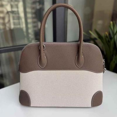2025 New Genuine Leather Women's Bag Head Layer Leather With Canvas 31 Bowling Shell Bag Handheld Single Shoulder Diagonal Span