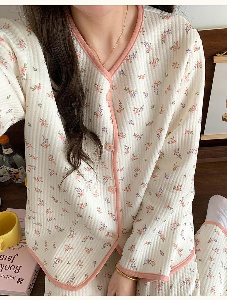 Layered Long Sleeve Cotton Quilted Pajamas Set for Women - Autumn/Winter Casual Cardigan Homewear