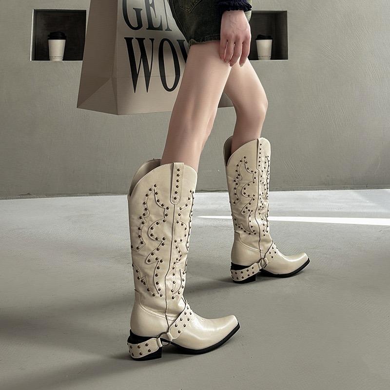 Fashion Women's Knee-high Boots Retro Rivet Design High Tube Boots Fashion Pointed End Chunky Heel Long Boots Western Cowboy Knight Boot
