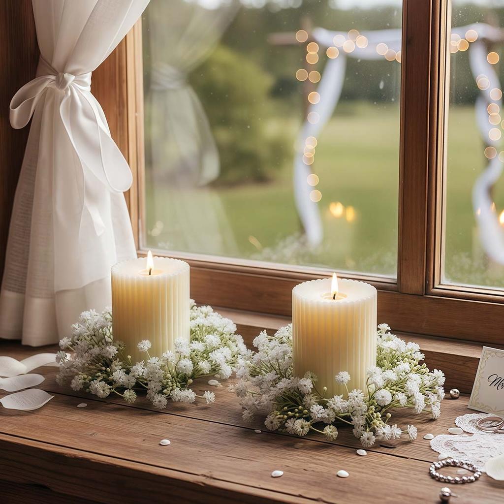 4Pcs Floral Wreath Candle Rings Wreaths, Artificial Gypsophila Flowers Candle Rings Garland for Pillar Centerpiece Party Table Decor