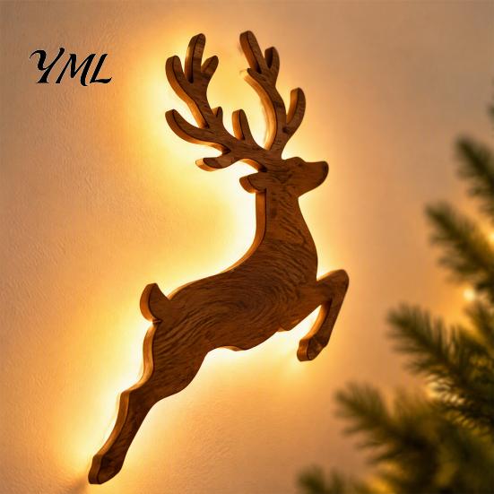 LED Backlit Silhouette Christmas Reindeer Wall Light, Wooden with Warm Backlight, Modern Farmhouse Interior Decor Battery Operated Lighted Festive Art