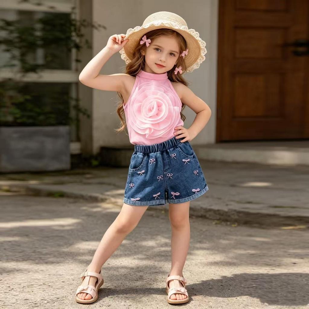 Children's Fashion Set: Summer Girls' Pink Floral Tank Top + Vintage-Style Jeans Two-Piece Set