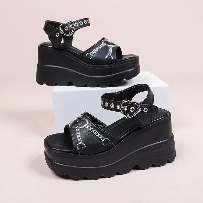 Fashion 35-43 Plus Size Fashion Slope Heel Women Sandals Metal Chain Decoration Female Buckle Platform Shoes Women's Sandals Tide Shoes