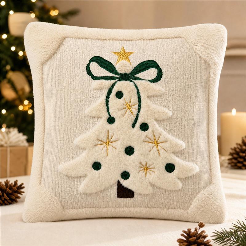3D Christmas Tree Throw Pillow Covers Faux Plush Embroidered Xmas Tree Pattern Cushion Covers For Sofa Couch Home Decor