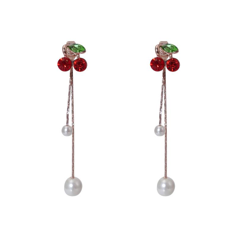 Little Red Cherry Earrings, Fresh and Sweet Temperament, Long Fringed Pearl Earrings, Women's Chinese New Year Festive Earrings.