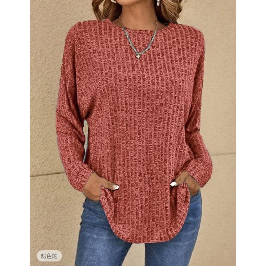 Fall New Ribbed Crew Neck Loose Long Sleeve Knit Top T-shirt for Women European American Style