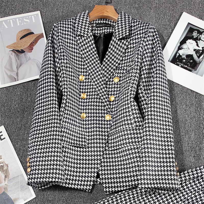 Blazer a tinta unita e a quadri da donna, Giacca da completo in misto cotone poliestere stile urbano, Blazer da pendolare per l'ufficio