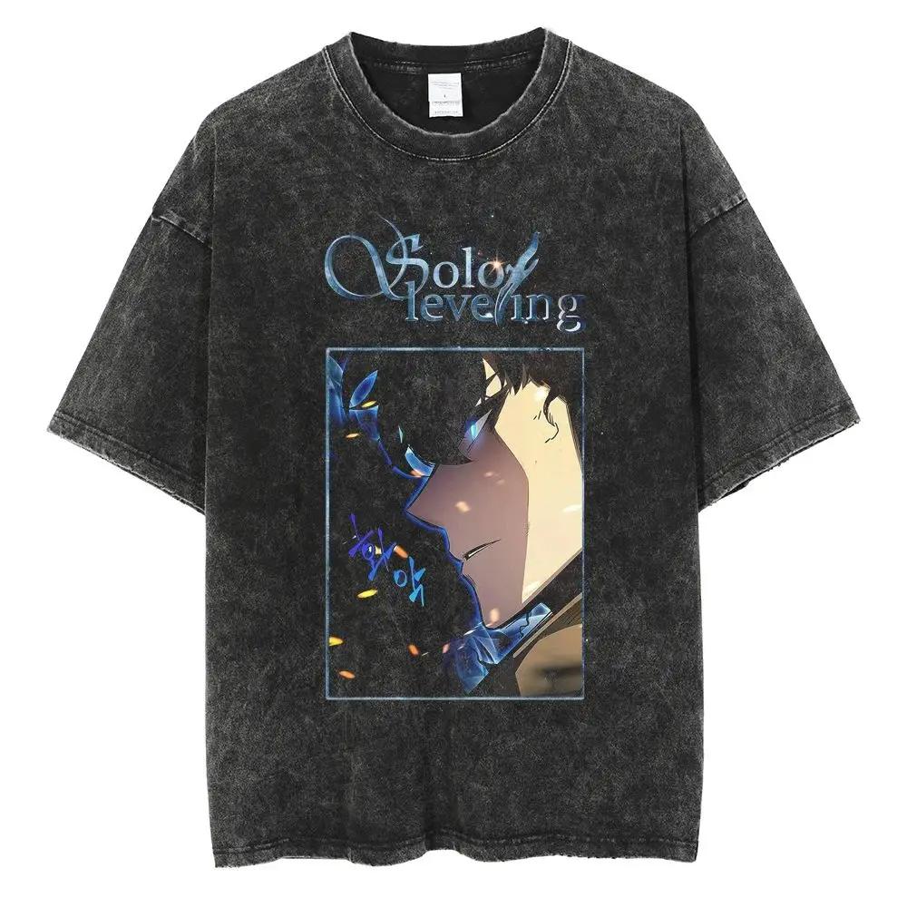 Hot Summer Anime Solo Leveling Sung Jin Woo Print T-shirt Women High Quality Washed Cotton T-shirts Harajuku Plus Size T Shirt