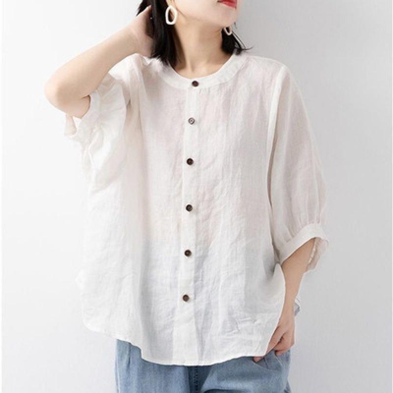 

2024 Spring/Summer Cotton Linen Women s Retro Lantern Sleeve Top - Plus Size, Loose Mid-Sleeve Blouse L білий