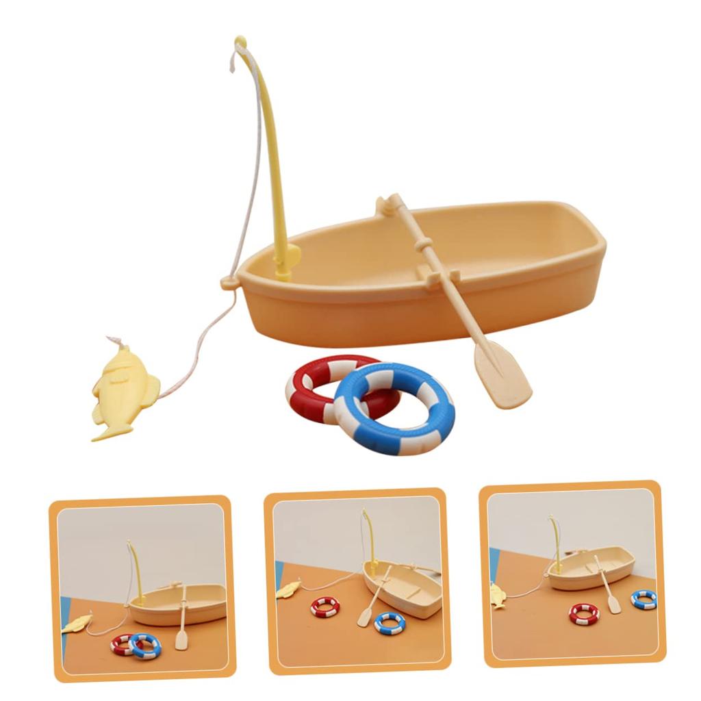 EXCEART Miniature Fishing Boat Set with Swimming Ring for Interior x x Plastic 2-Pack Dollhouse, Decoration, 11.6 5.4 8cm,