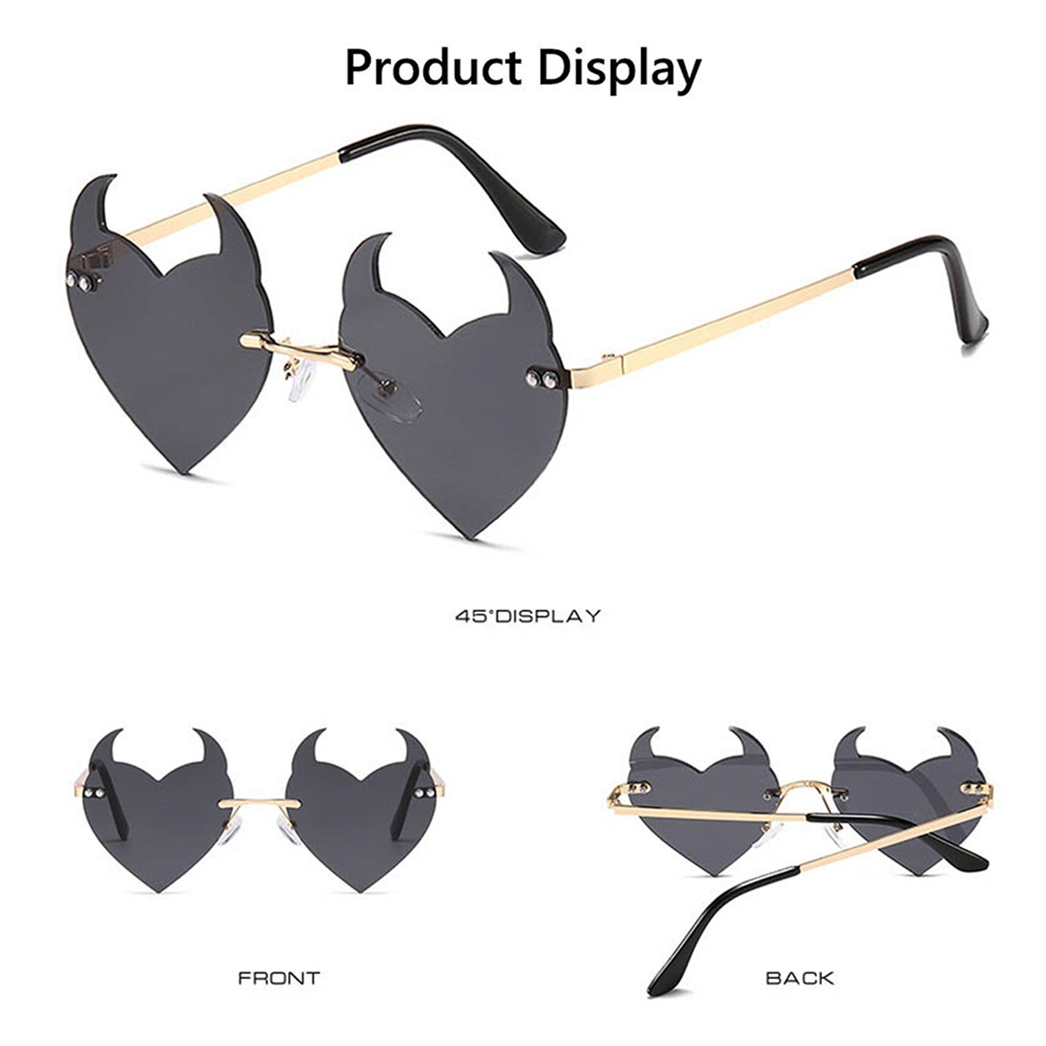 

Party Halloween Decoration Fashion Glasses Rimless Sunglasses Devil Ear Heart Shape Rock Horn чёрный