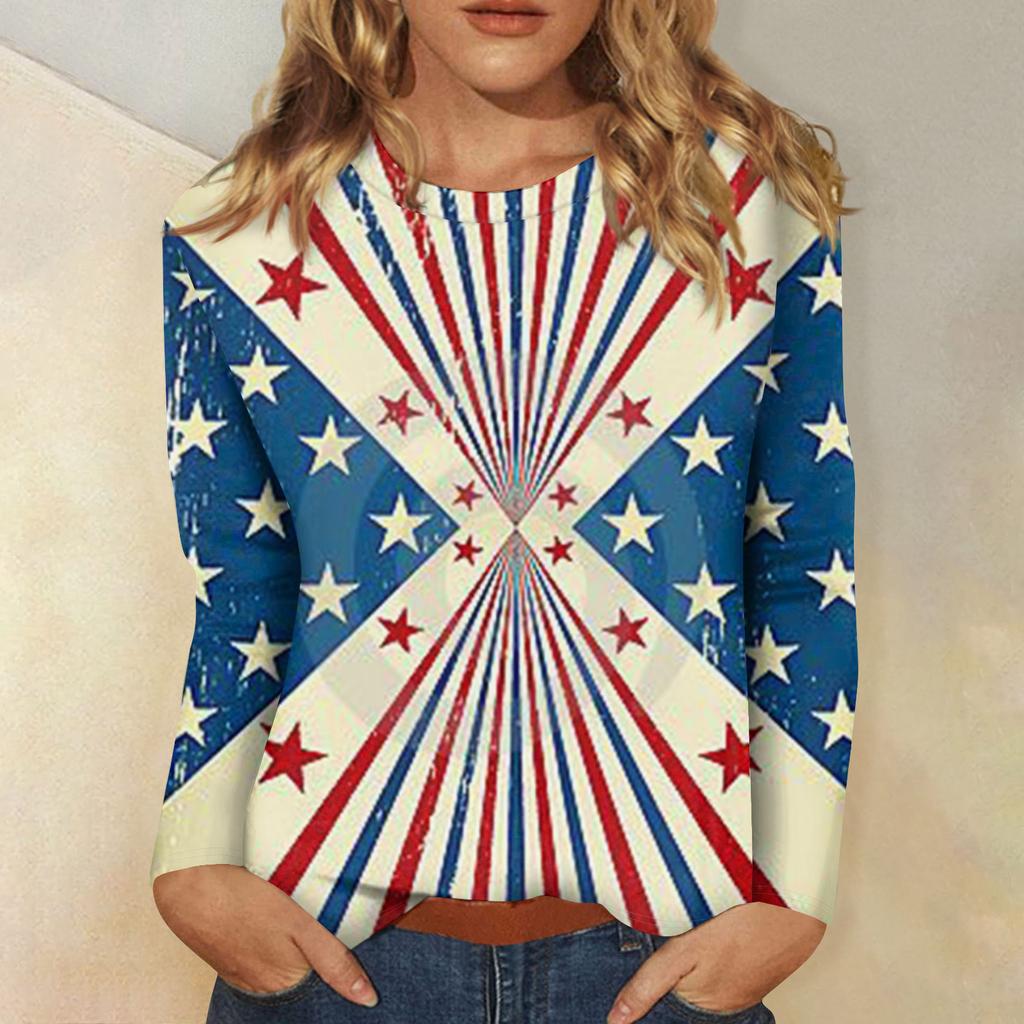 Womens Spring Tops Long Sleeve Patchwork Star Print Casual Crewneck Summer Shirts for Women Comfortable Fit