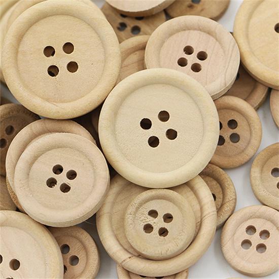 50Pcs Wooden Buttons Natural Color Round 4-Holes Sewing Scrapbooking